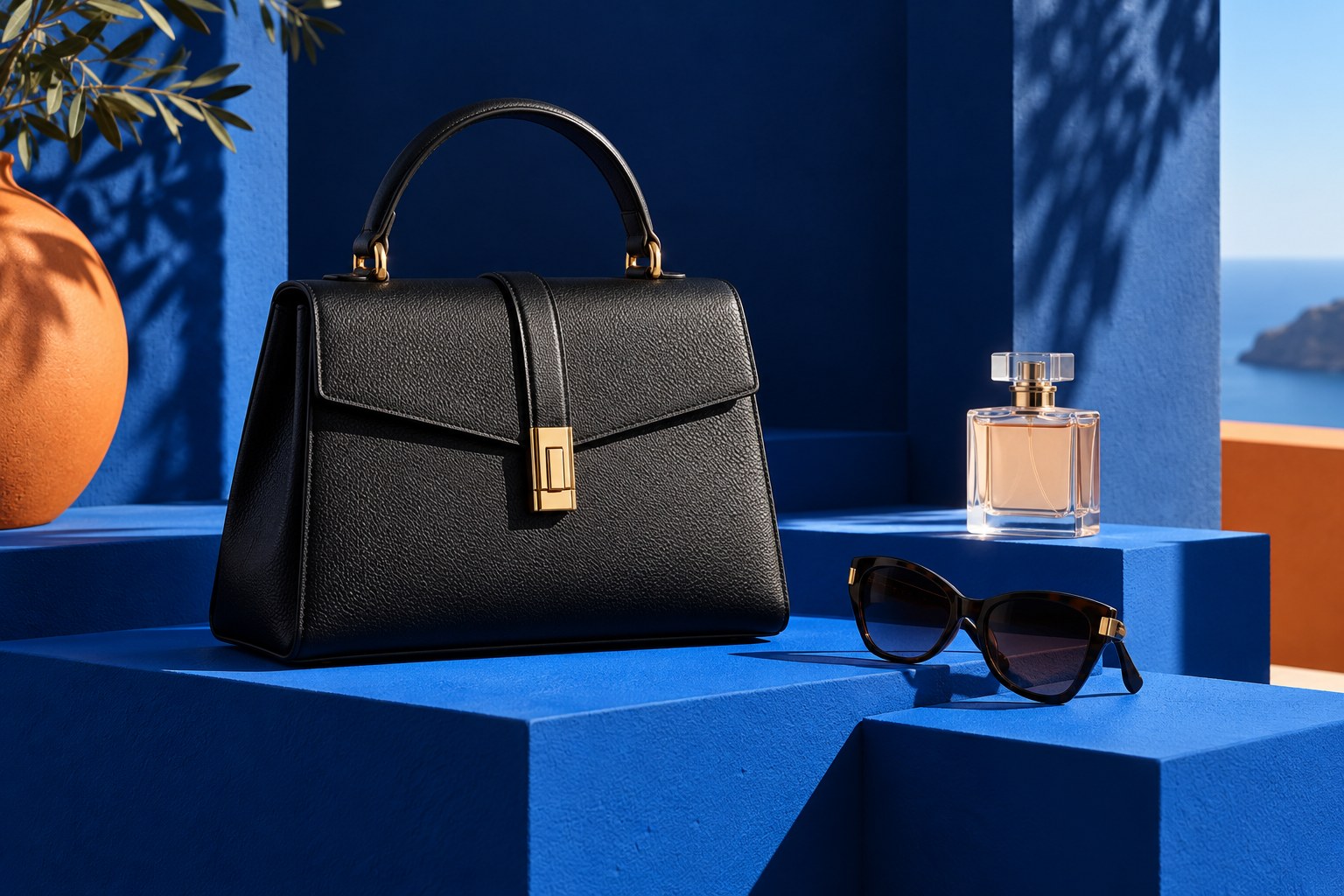 Illustrative black handbag, sunglasses and fragrance